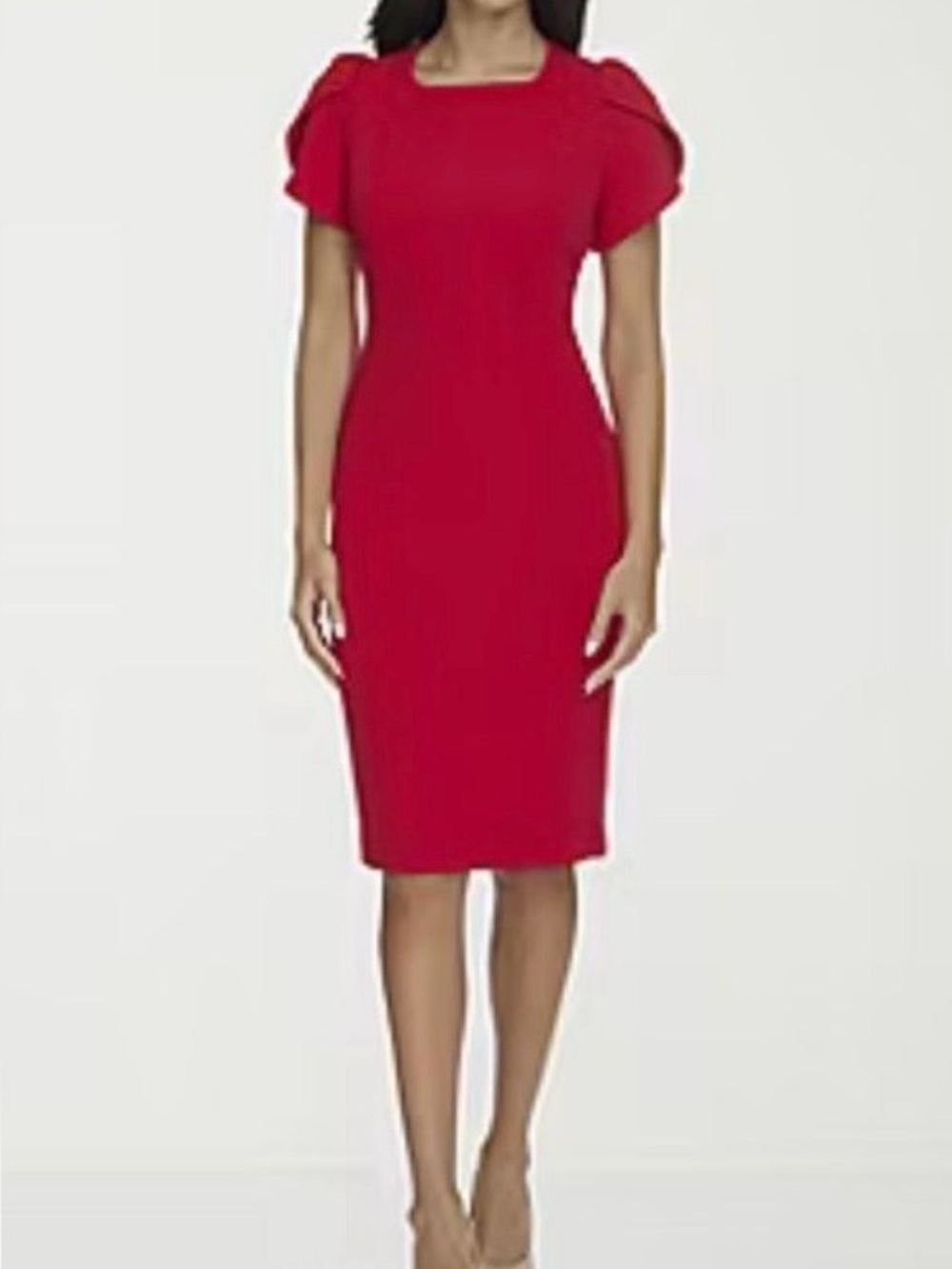 Liz Claiborne Deep Red Midi Dress with Ruffle Short Sleeves